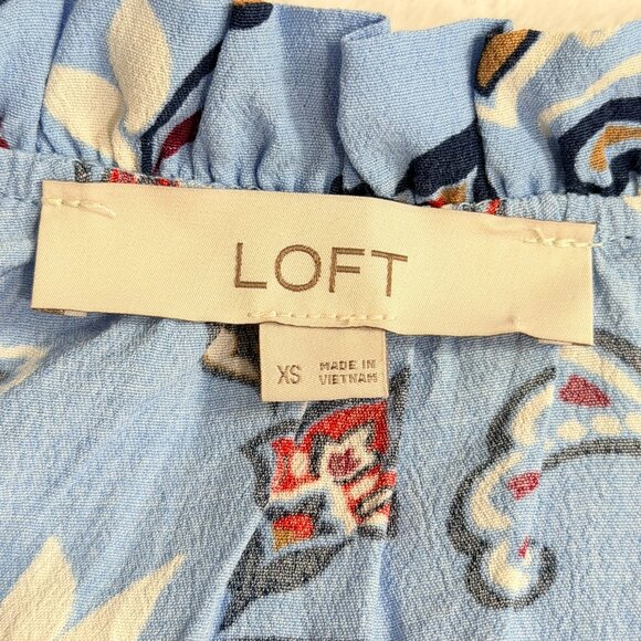 LOFT Blue Paisley Floral Ruffle Neck Flutter Sleeve Blouse Top XS - Picture 4 of 5